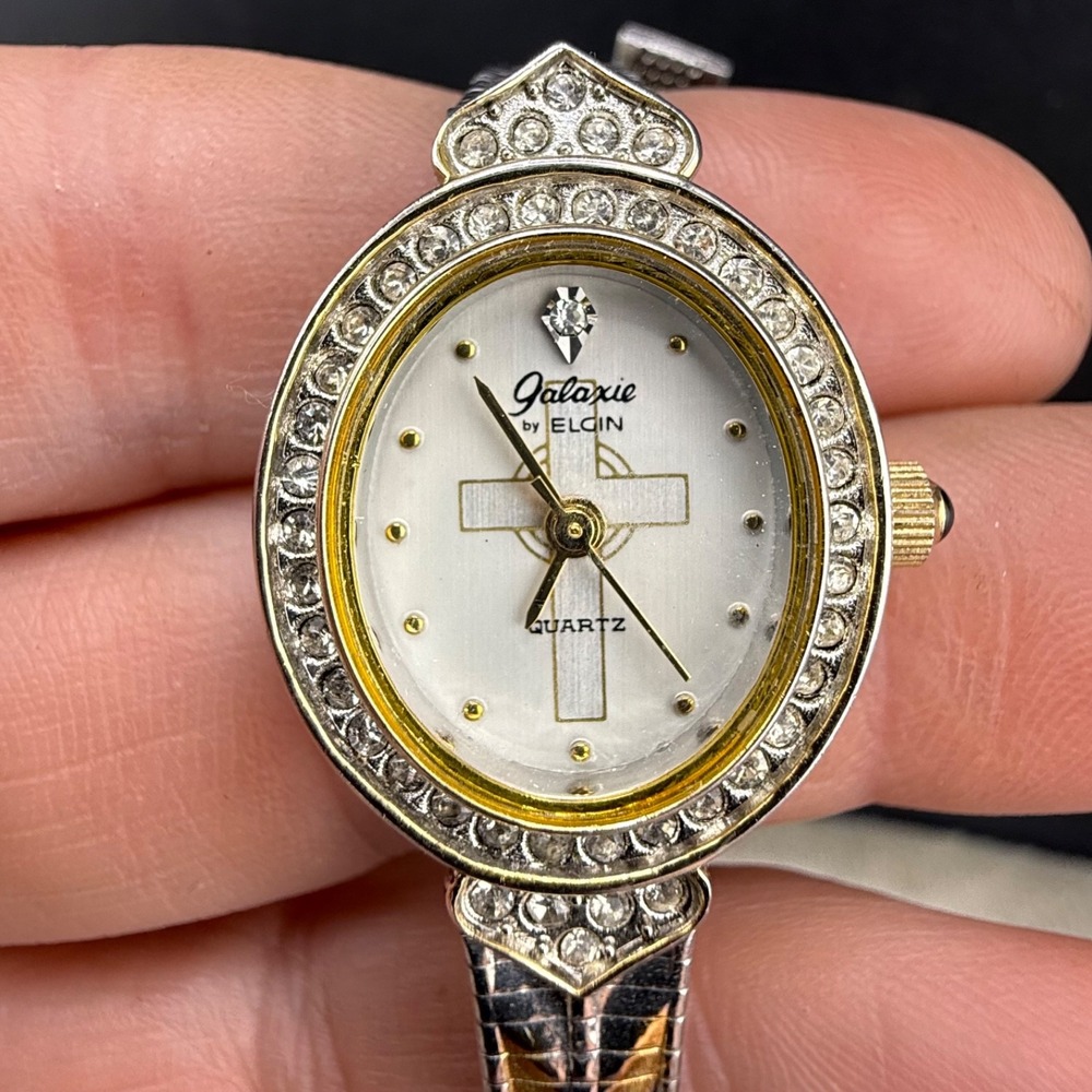 Vintage Elgin Galaxie Religious Watch Silver Gold Tone Cross Rhinestone Repair